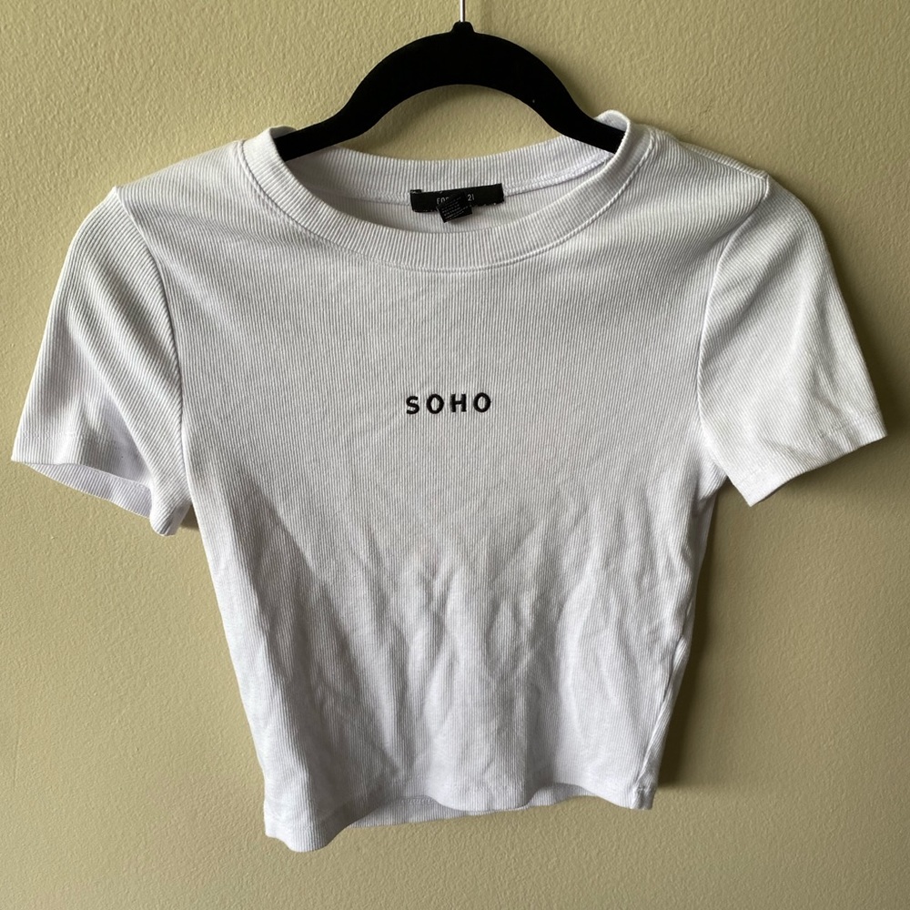 Forever 21 Cropped White Ribbed “SOHO” Top